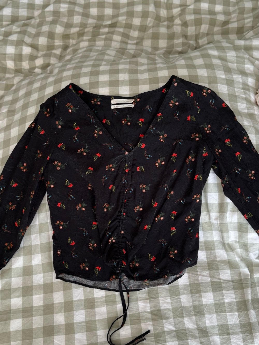 Urban Outfitters Black Floral V-Neck Drawstring Blouse